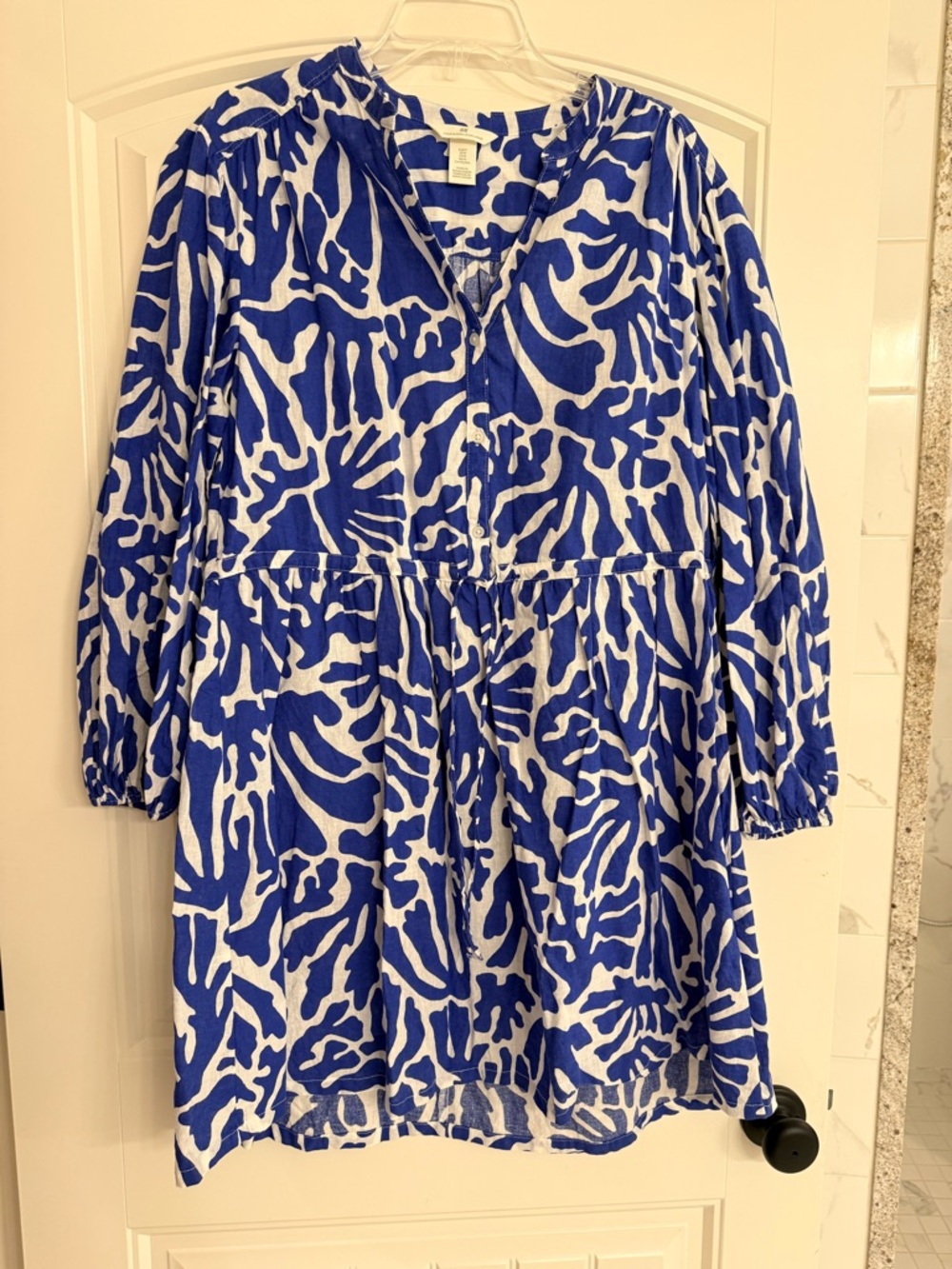 H&M Blue and White Linen Blend Printed Top